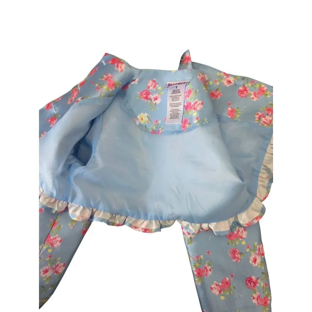 Blueberi Boulevard Floral Satin Jacket Girl Sz 6 Big Rhinestone Buttons Long Slv